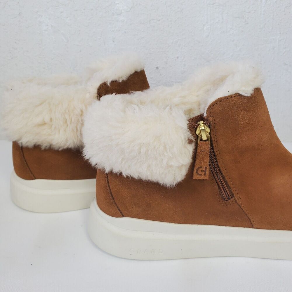 Cole Haan Grand Wateproof Brown Suede Ankle Boot Faux Fur Trim Side Zip 10.5 B - Picture 6 of 12